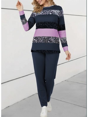 Kadın Uzun Kollu Bisiklet Yaka Çizgili Desen Iki Iplik Bluz ve Pantolon Ikili Takım