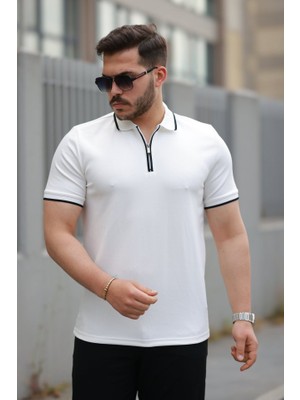 Erkek Fermuar Yakalı Çizgi Detaylı Kısa Kollu Tişört