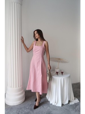Pembe Çift Dikişli Gabardin Elbise