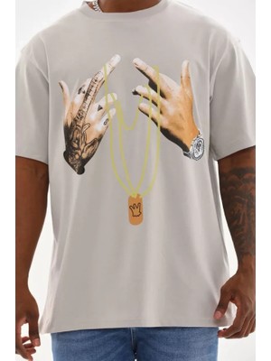 Unisex Baskılı Oversize T-Shirt - Gri