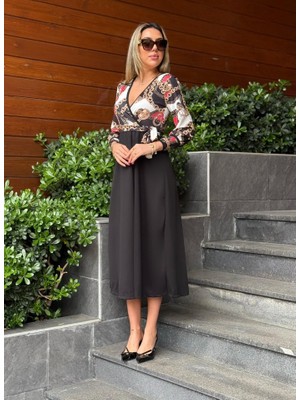 Kadın Uzun Kollu Kruvaze Yaka Dalgıç Krep Midi Boy Elbise