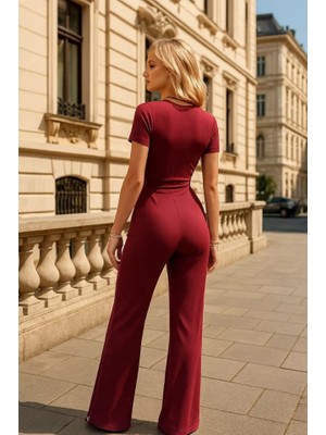 Miralis Torqvitrin Kadın Kruvaze Yaka Kısa Kollu Kuşaklı Tulum