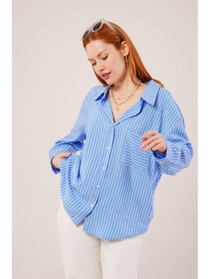 Çizgi Detaylı Cepli Mavi Gömlek