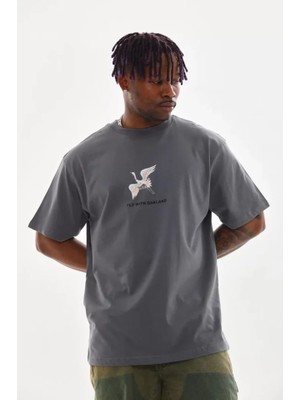 Unisex Baskılı Oversize T-Shirt - Füme