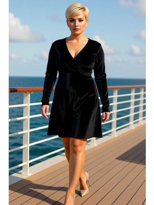 Benerly Kadın V Yaka Uzun Kol Skater Kalıp Kadife Örme Mini Elbise Fonksiyonel Dayanıklı Kaliteli Şık