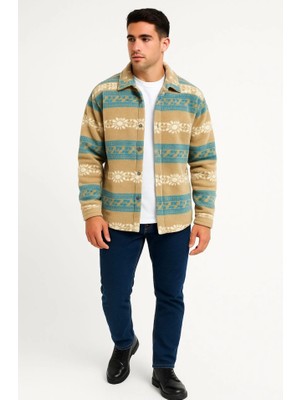 Erkek Desenli Polar Gömlek – Etnik Şerit Desen Yakalı, Uzun Kollu, Düğmeli, Oversize Rahat Kalıp - Sarı