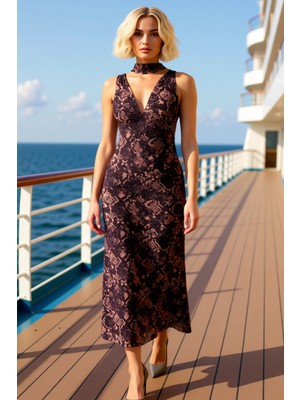 Benerly Kadın V Yaka Kolsuz Bodycon Kalıp Maxi Elbise Animal Desenli Tül Dokuma