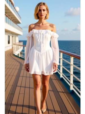 Benerly Kadın Carmen Yaka Ispanyol Kol Skater Kalıp Şifon Elbise Fonksiyonel Dayanıklı Kaliteli Şık