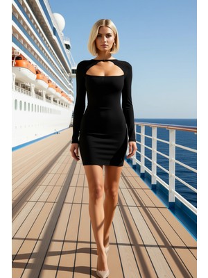 Benerly Kadın Bisiklet Yaka Uzun Kol Vücuda Oturan Mini Elbise Fonksiyonel Dayanıklı Kaliteli Spor