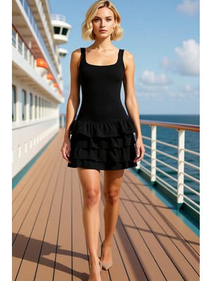 Benerly Kadın Kolsuz Havuz Yaka Skater Kalıp Fırfırlı Mini Örme Elbise Şık