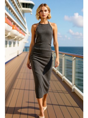 Benerly Kadın Boyundan Bağlamalı Kolsuz Düz Bürümcük Örme Maxi Elbise Şık