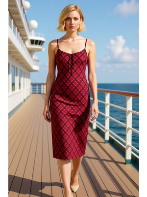 Benerly Kadın Kare Yaka Kolsuz Ekose Desenli Bodycon Kalıp Tül Maxi Elbise Fonksiyonel Dayanıklı Şık