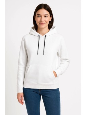 Üç Iplik Kapüşonlu Kanguru Çepli Sweatshirt Hoodie - Beyaz