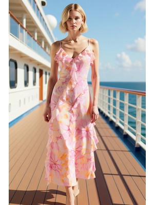 Benerly Kadın V Yaka Ince Askılı Kolsuz Fırfırlı A Kesim Dokuma Maxi Elbise Çiçekli Desenli