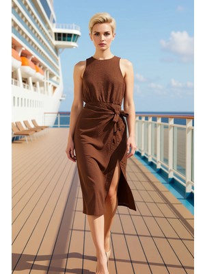 Benerly Kadın Bisiklet Yaka Kolsuz A Line Midi Dokuma Elbise Bağlama Detaylı Modern