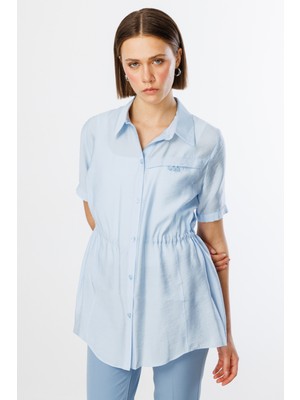 Ekol Minimalist Kadın Bluz - Kısa Kol Gömlek Yaka Midi