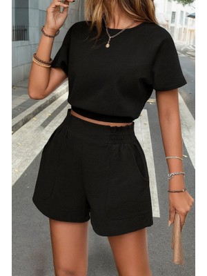 Kadın Kısa Kollu Yuvarlak Yakalı Ithal Keten Bluz ve Short Ikili Takım