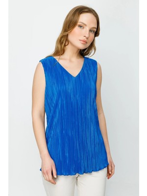 Ekol V Yaka Kolsuz Pileli Minimalist Kadın Bluz - Günlük Şıklık