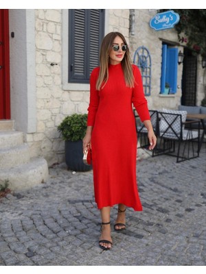 Kadın Uzun Kollu Yarı Balıkçı Yaka Arkadan Pencere Detaylı Bağcıklı Midi Triko Elbise