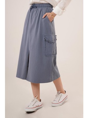 Ön Yırtmaçlı Cep Detaylı Indigo Etek