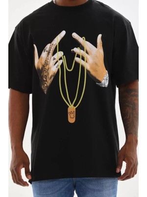 Unisex Baskılı Oversize T-Shirt - Siyah