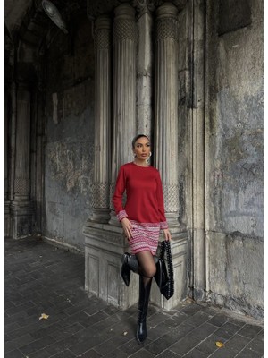 Kadın Uzun Kollu Bisiklet Yaka Kol Ağzı ve Etek Ucu Baskılı Iki Iplik Elbise