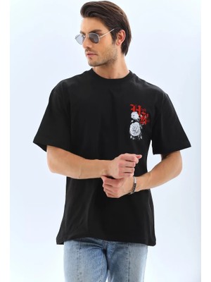 Unisex Oversize Baskılı Bisiklet Yaka T-Shirt - Siyah