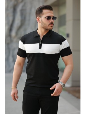 Erkek Fermuar Yakalı Şerit Renk Desenli Kısa Kollu Tişört