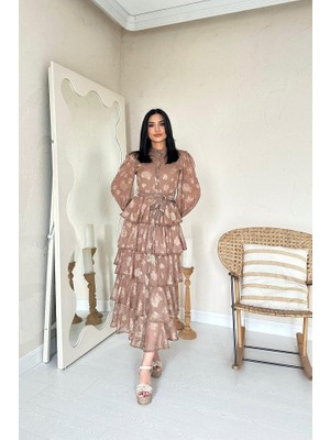 Vizon Valonlu Şeritli Kat Kat Elbise