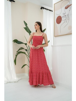 Kırmızı Eteği Fırfırlı Elbise