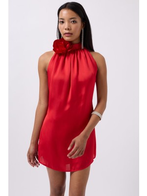 Gül Detay Mini Saten Elbise