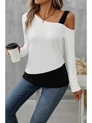 Kadın Tek Omuzu Açık Askılı Çift Renkli Uzun Kollu Viskon Bluz