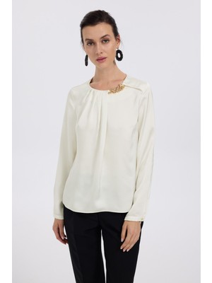 Ekol Minimalist Uzun Kol Saten Bluz - Zincir Detaylı