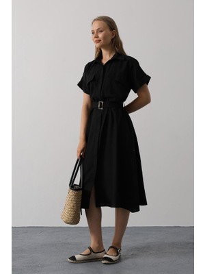 Kuşaklı Cep Detaylı Yarım Kol Elbise - Siyah