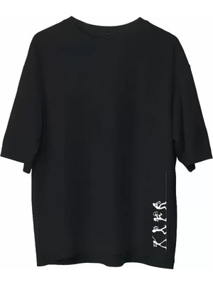 Unisex Bisiklet Yaka Baskılı Oversize T-Shirt - Siyah