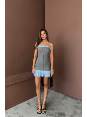 Straplez Polviskon Elbise Mavi Fırfır Detaylı - Gri