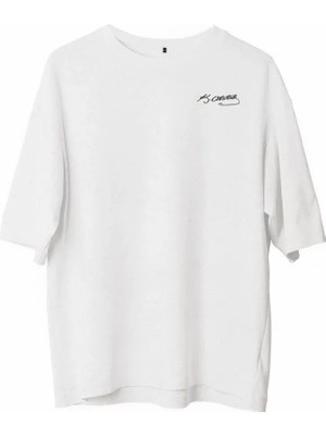 Unisex Bisiklet Yaka Baskılı Oversize T-Shirt - Beyaz