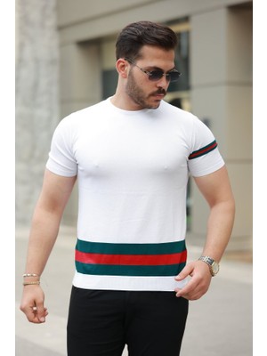 Erkek Bisiklet Yaka Bel ve Kol Şerit Desenli Kısa Kollu Tişört