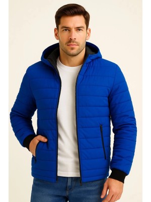 Erkek Şişme Kapüşonlu Fermuarlı Mont Su Itici Kapitone Astarlı Kumaş Cepli Kışlık Rahat Kalıp - Saks Mavisi