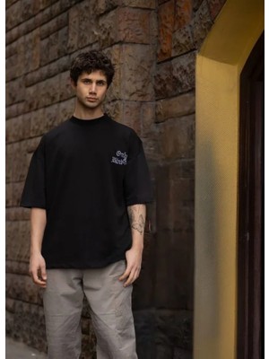 Unisex Bisiklet Yaka Baskılı Oversize T-Shirt - Siyah