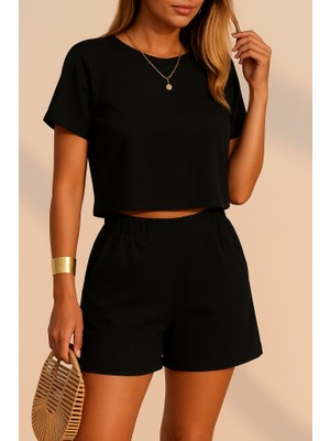 Kadın Kısa Kollu Yuvarlak Yakalı Ithal Keten Bluz ve Short Ikili Takım