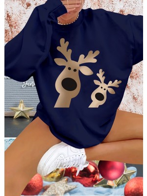 Kadın Uzun Kollu Bisiklet Yaka Geyik Desenli Viskon Iki Iplik Bluz