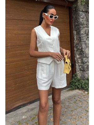 Yelek Şort Flamlı Keten Takım 10133-17