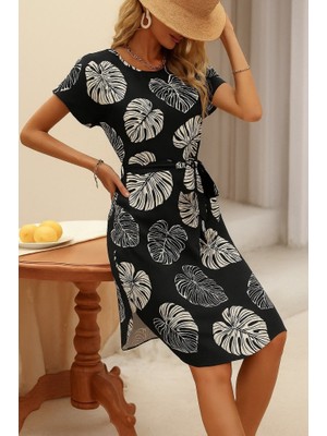 Kadın Kısa Kollu Bisiklet Yaka Desenli Kuşaklı Örme Krep Midi Elbise