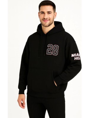 Üç Iplik Kapüşonlu Ön ve Arka Baskılı Sweatshirt Hoodie - Siyah