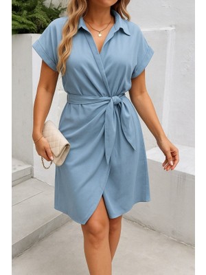 Kadın Kısa Kollu Yakalı Yandan Bağlamalı Dokuma Elbise