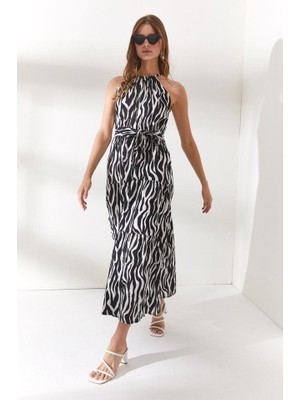 Halter Yaka Kuşaklı Dokuma Viscon Elbise