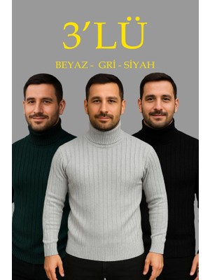 Erkek Fitilli Triko Kazak 3lü Set Gri Haki Siyah Regular Balıkcı Yaka Tam Boğazlı Triko Seti Modeli Kazak