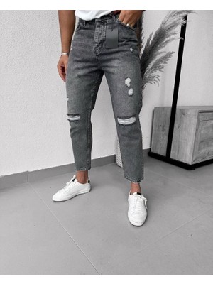 Erkek Füme Yırtık Detaylı Mom Jean