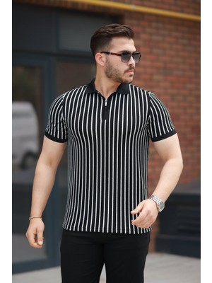 Erkek Çizgili Fermuar Yakalı Kısa Kollu Tişört
